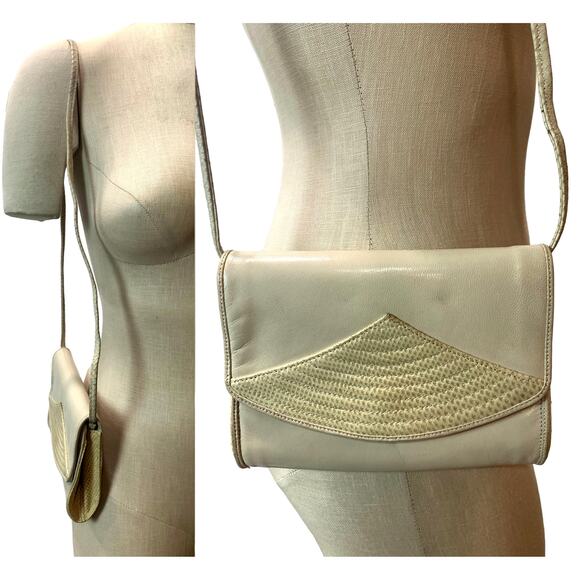 80s Varon Cream Leather & Snakeskin Mini Shoulder Bag Clutch | 7.25" x 5.5" - Picture 3 of 9